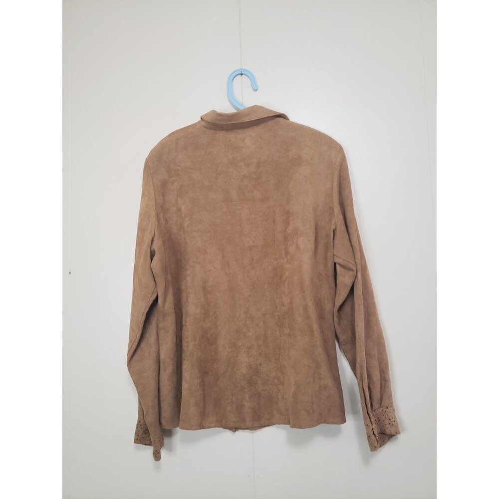 Claudia Richard Womens XL Blouse Faux Suede Cutout Floral Western Tan Button Up - Picture 2 of 6